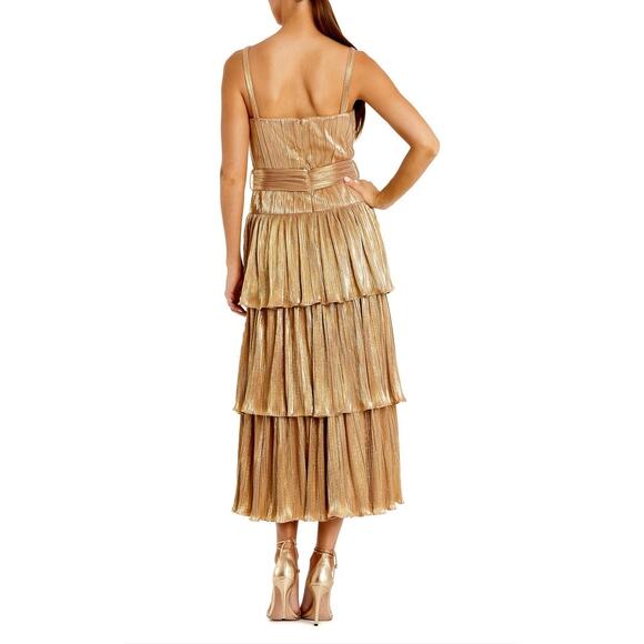 MAC DUGGAL Gold Metallic Plissé Square Neck Pleated Ruffle Belt Detail Dress 8 - Picture 4 of 16